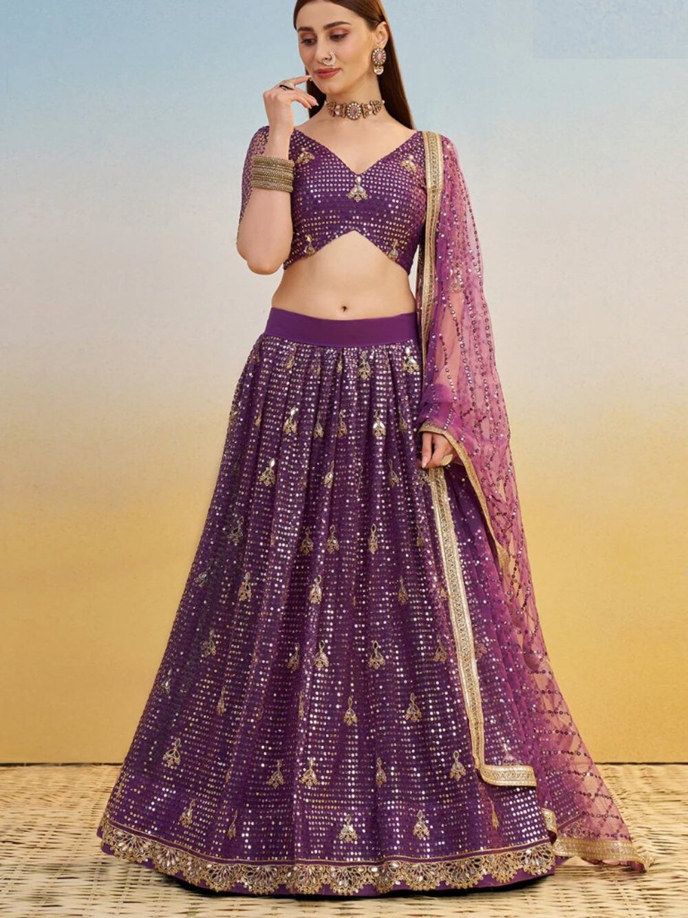 Purple Mirror Work Indian Wedding Sangeet Lehenga